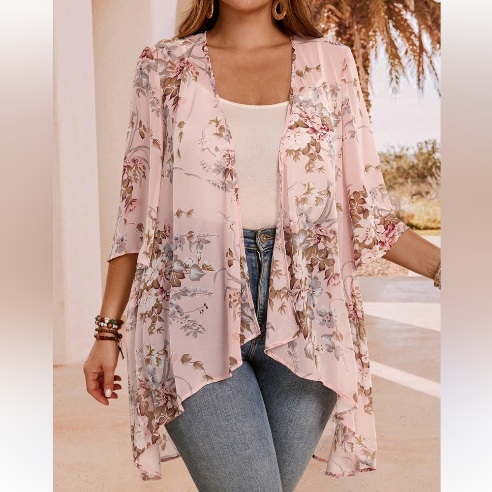 Elegant Pink Floral XL‎ Asymmetrical Hem Open Front Sheer Cardigan Top Summer